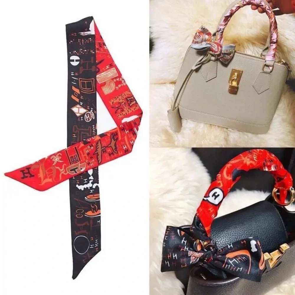 Small Silky Scarf Women’s Men’s Luxury Paris Print Handle Bag Neck Ribbon Famous